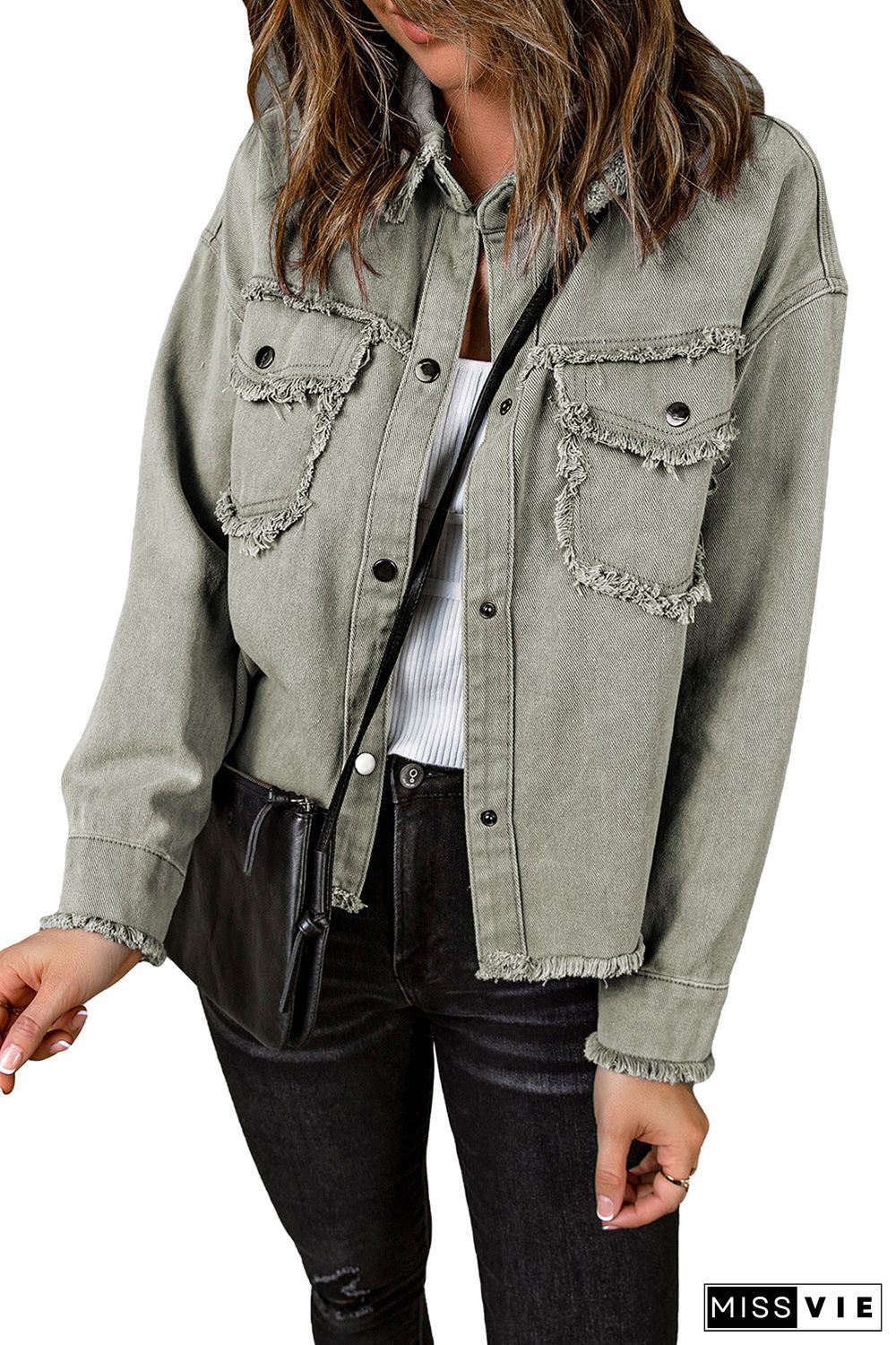 Distressed Flap Pockets Frayed Hemline Denim Jacket