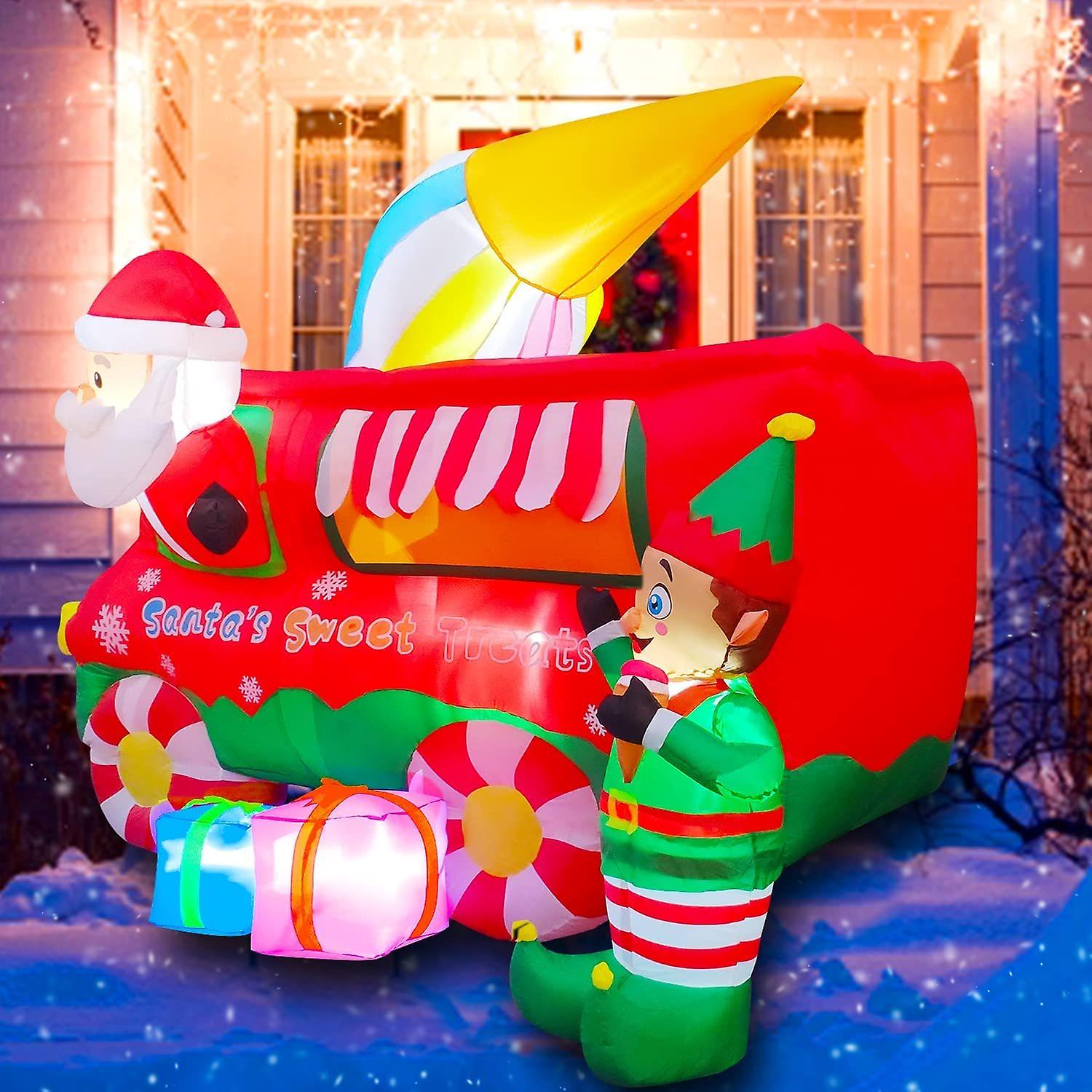 Inflatable Christmas Ice Cream Truck Decoration With Santa Claus Elf Gift Boxes Decor Led Lighted For Yard Lawn Garden Home Party