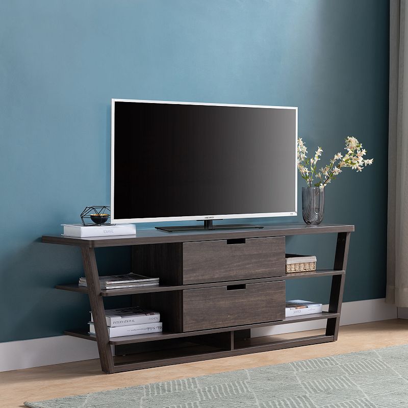 FC Design Brown Walnut TV Stand with 4 Shelves and 2 Drawers