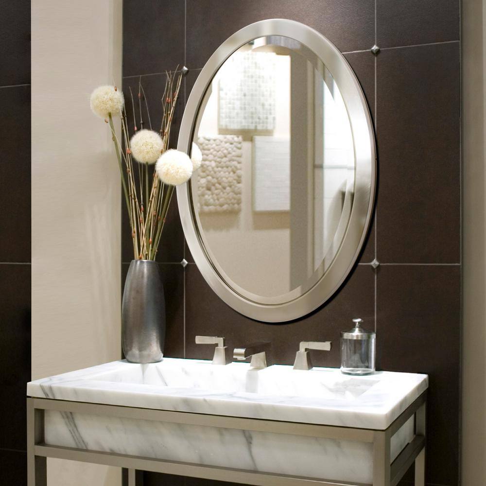 Deco Mirror 23 in. W x 29 in. H Framed Oval Beveled Edge Bathroom Vanity Mirror in Brushed nickel 6295