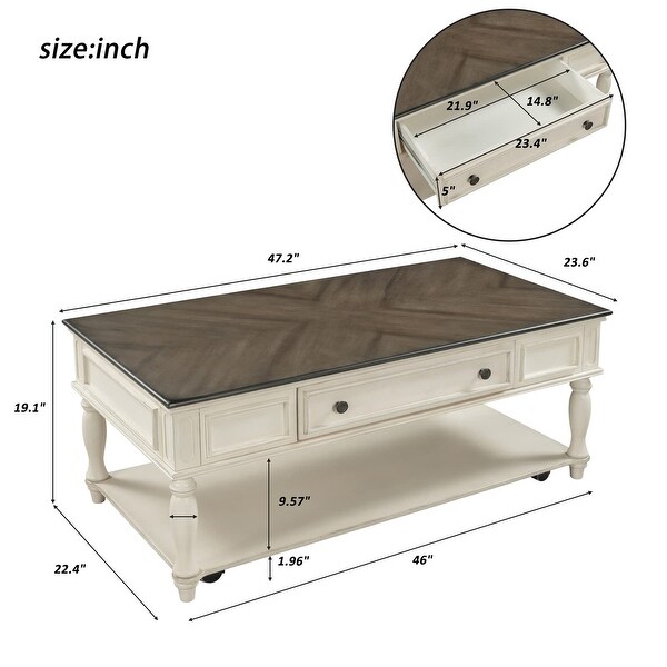 Retro Cocktail Table Wood Coffee Table with Drawer and Storage Shelf， Living Room Table with Lockable Caster Wheels - as picture