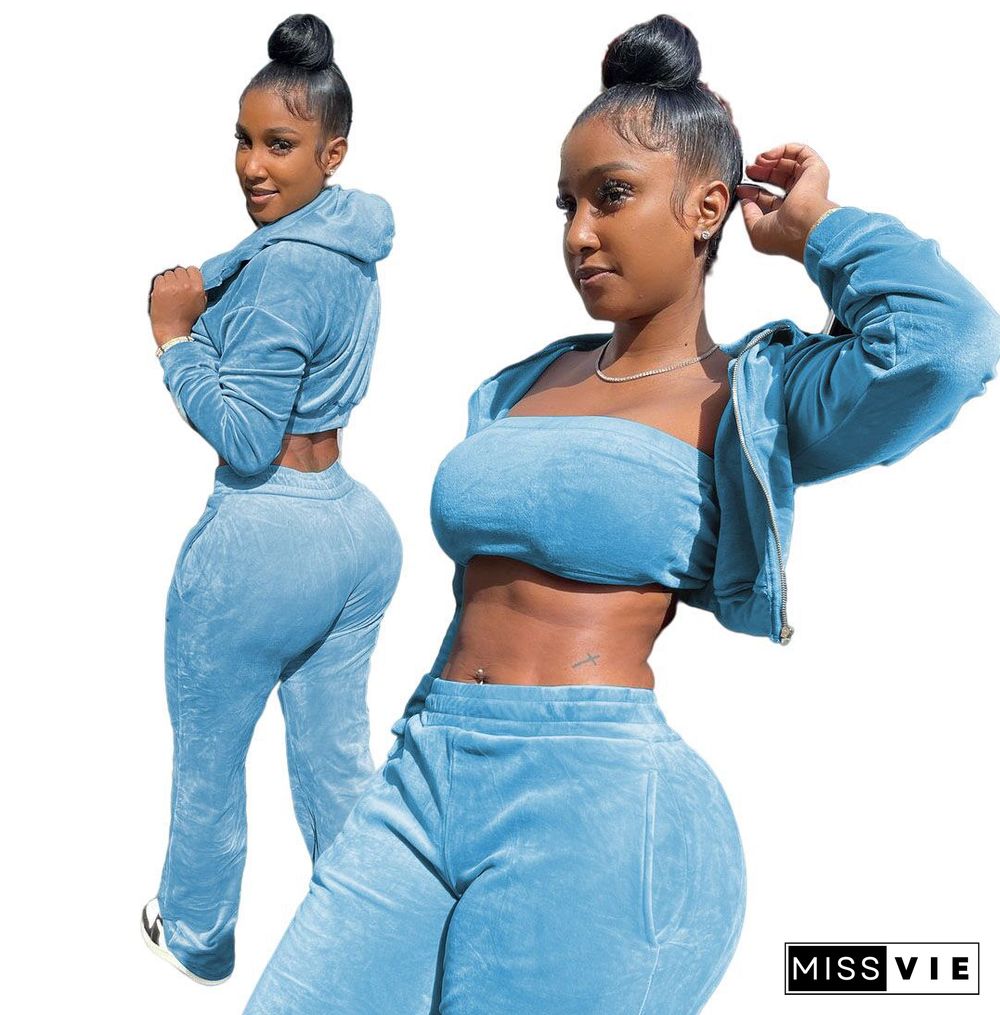 Velvet Zip Hooded Crop Top+Wrap Chest+Pants Set