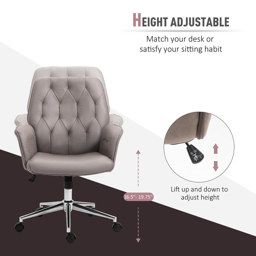 Vinsetto Light Grey, Modern Mid-Back Tufted Micro Fiber Home Office Desk Chair with Arms, Swivel Adjustable Task Chair 921-102V01