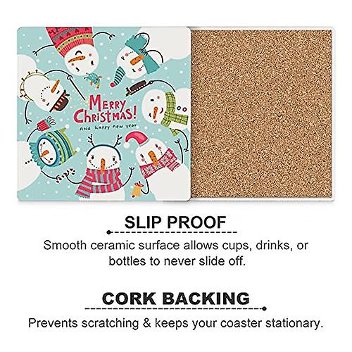 Colourlife Christmas Snowman On Blue Printed Square Ceramic Coaster For Drinks With Cork Base For Coffee Cups Place Mats For Home Decor Set Of 6 Piece