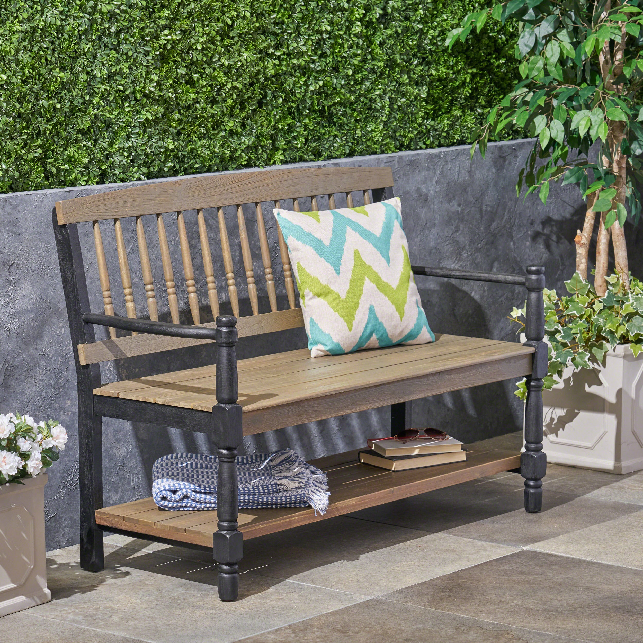 Daphne Outdoor Acacia Wood Bench with Shelf