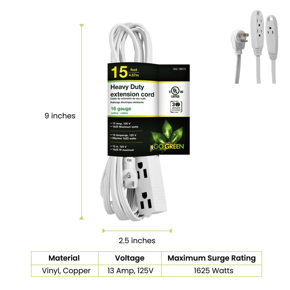 GoGreen Power 15 ft. 163 SPT-2 3 Outlet Extension Cord - White GG-19615