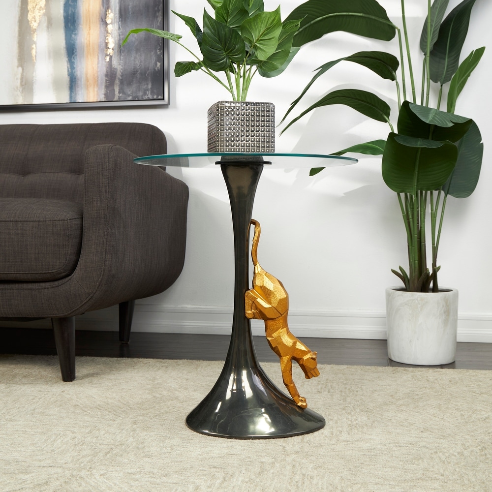 Black Aluminum Accent Table with Gold Leopard Accent and Tempered Glass Top  20\