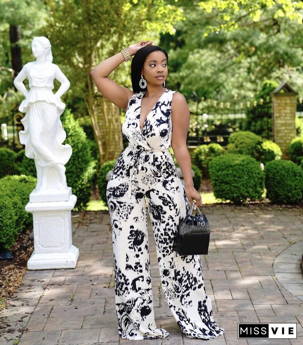 Deep V Neck Print Sleeveless Wide Leg Jumpsuit