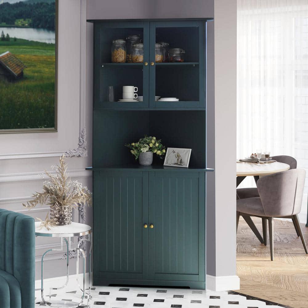 VEIKOUS 18 in W x 35 in D x 71 in H Blue Corner Linen Cabinet Storage with Adjustable Shelves and Glass Doors in Blue