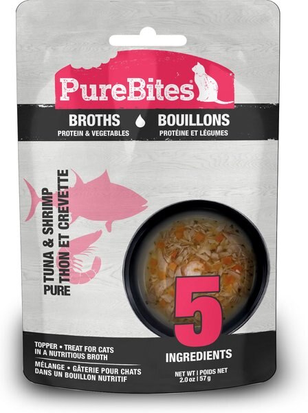 PureBites Broths Flavored Tuna and Shrimp Cat Food Topping， 2-oz bag， 18 count