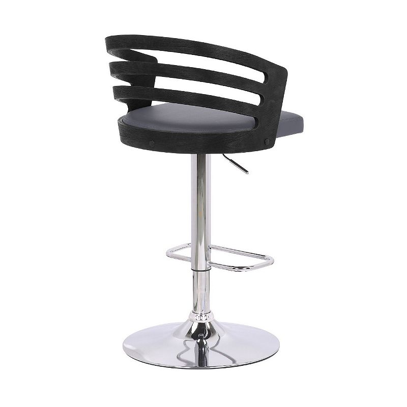 Adjustable Barstool with Curved Open Low Wooden Back， Black and Chrome