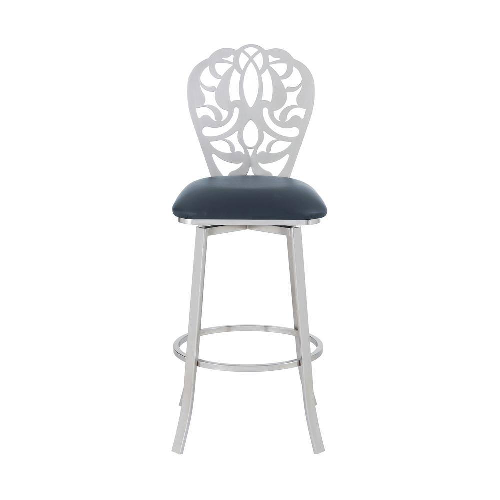 Armen Living Aletris Contemporary 30 in. Bar Height in Brushed Stainless Steel Finish and Grey Faux Leather Bar Stool 721535737635