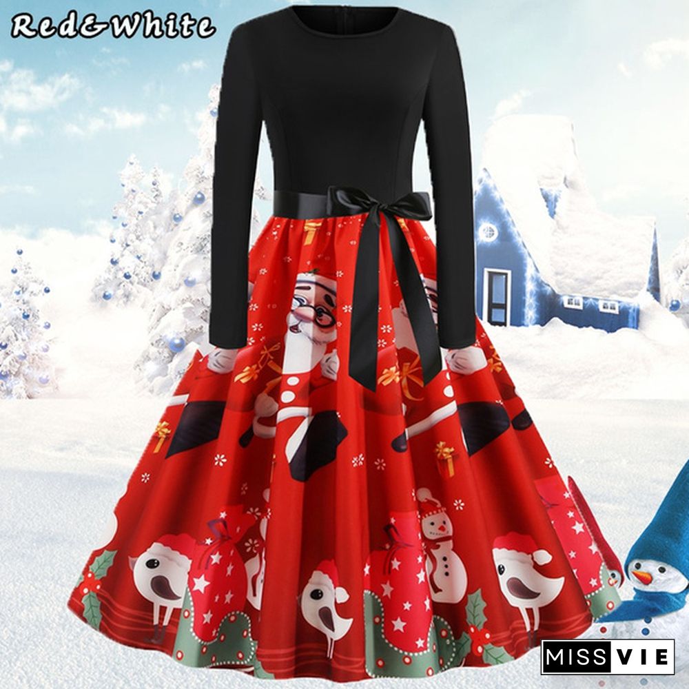 Dresses for Women Party Christmas Round Neck Belt Prom Dresses Halloween Costumes Long Sleeve Dresses Elegant Pumpkin Santa Claus Printed Evening Pleated Dresses