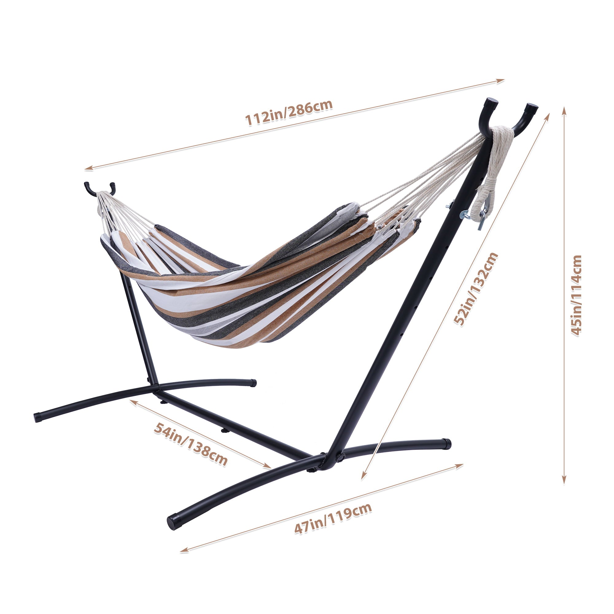 Unique Choice Double Classic Hammock with Stand, Outdoor Hammock with Powder-coated Steel Stand (Carry Pouch Included),Durable 450 Pound Capacity for 2 Person，Brown/Gray Striped