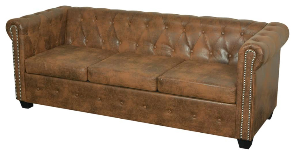 vidaXL Sofa 3 Seater Couch Settee Furniture with Tufted Arms Brown Faux Leather   Sofas And Sectionals   by VirVentures  Houzz