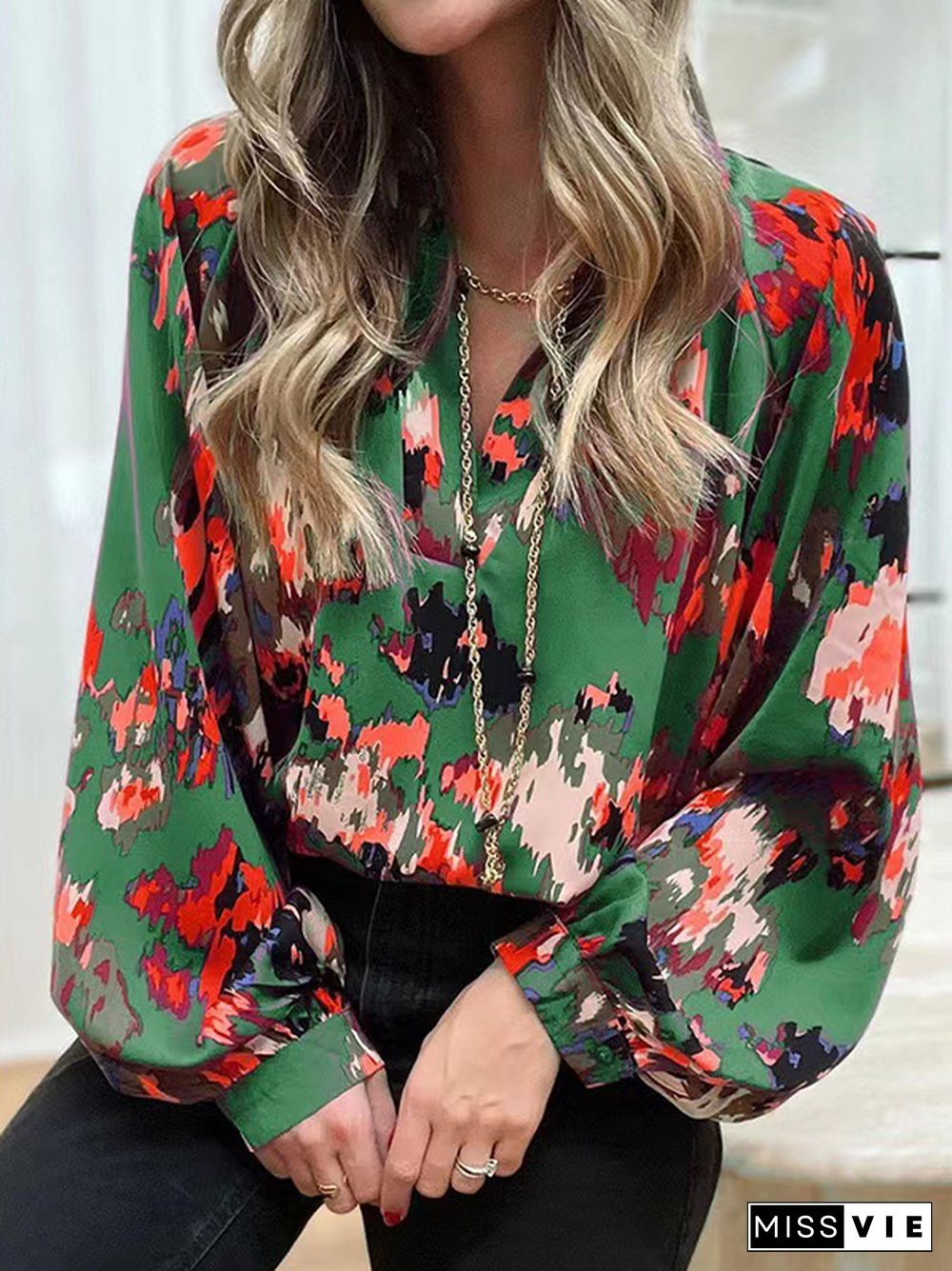 Long Sleeves Loose Printed V-Neck Blouses&Shirts Tops