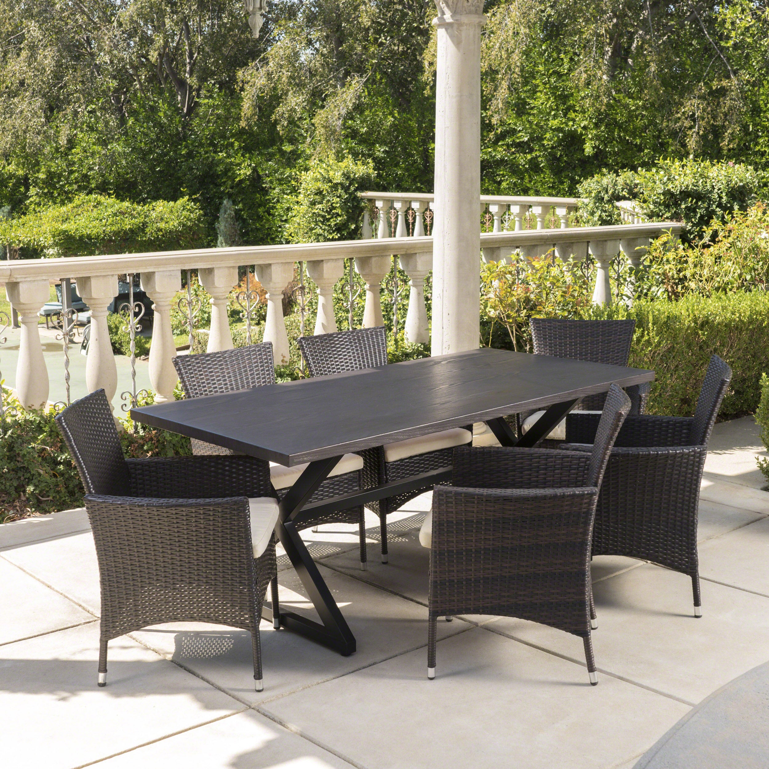 Dionlynn Outdoor 7 Piece Aluminum Dining Set with Wicker Dining Chairs