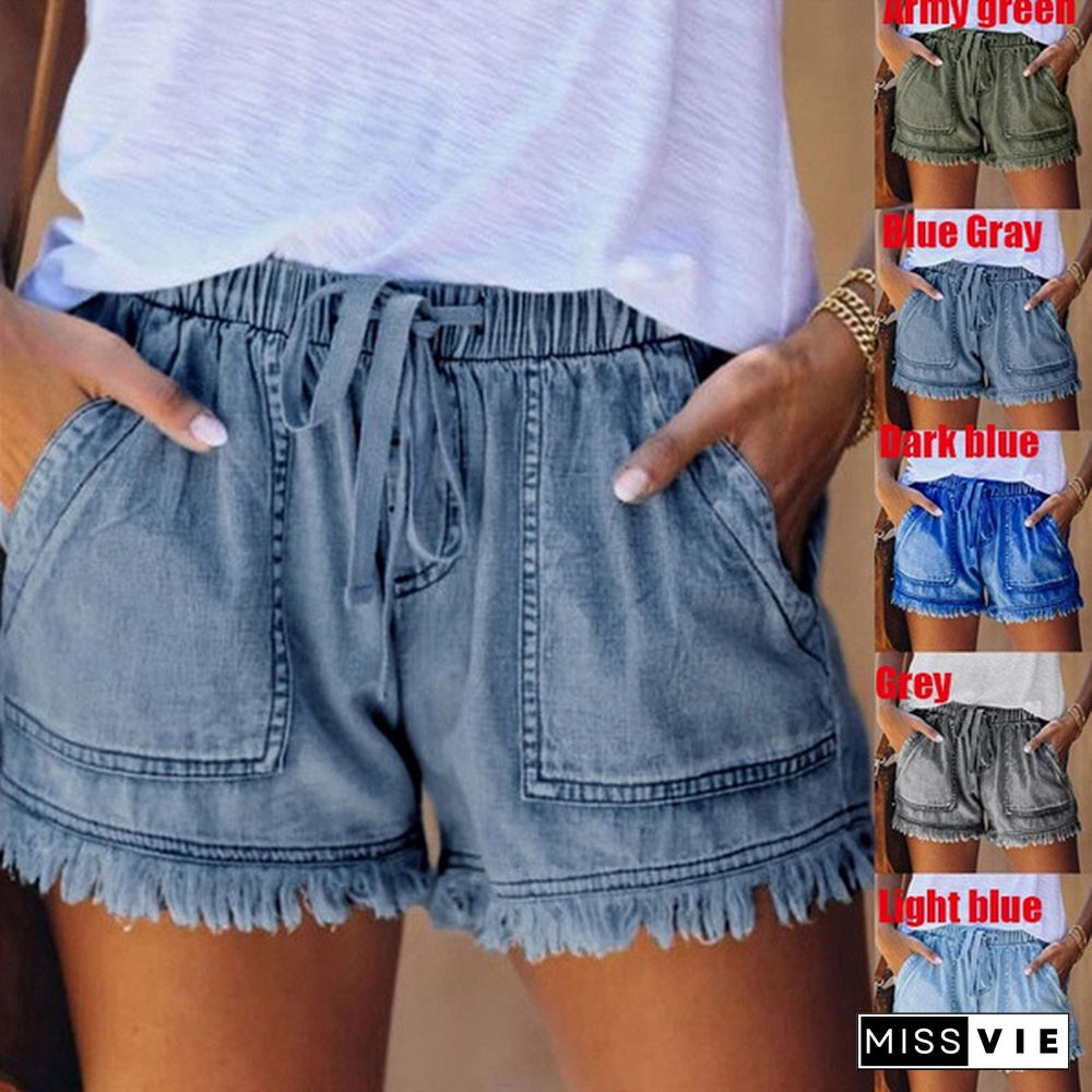 Summer Women Elastic Waist Casual Denim Shorts High Waist Slim Jean Shorts Women Hot Pants