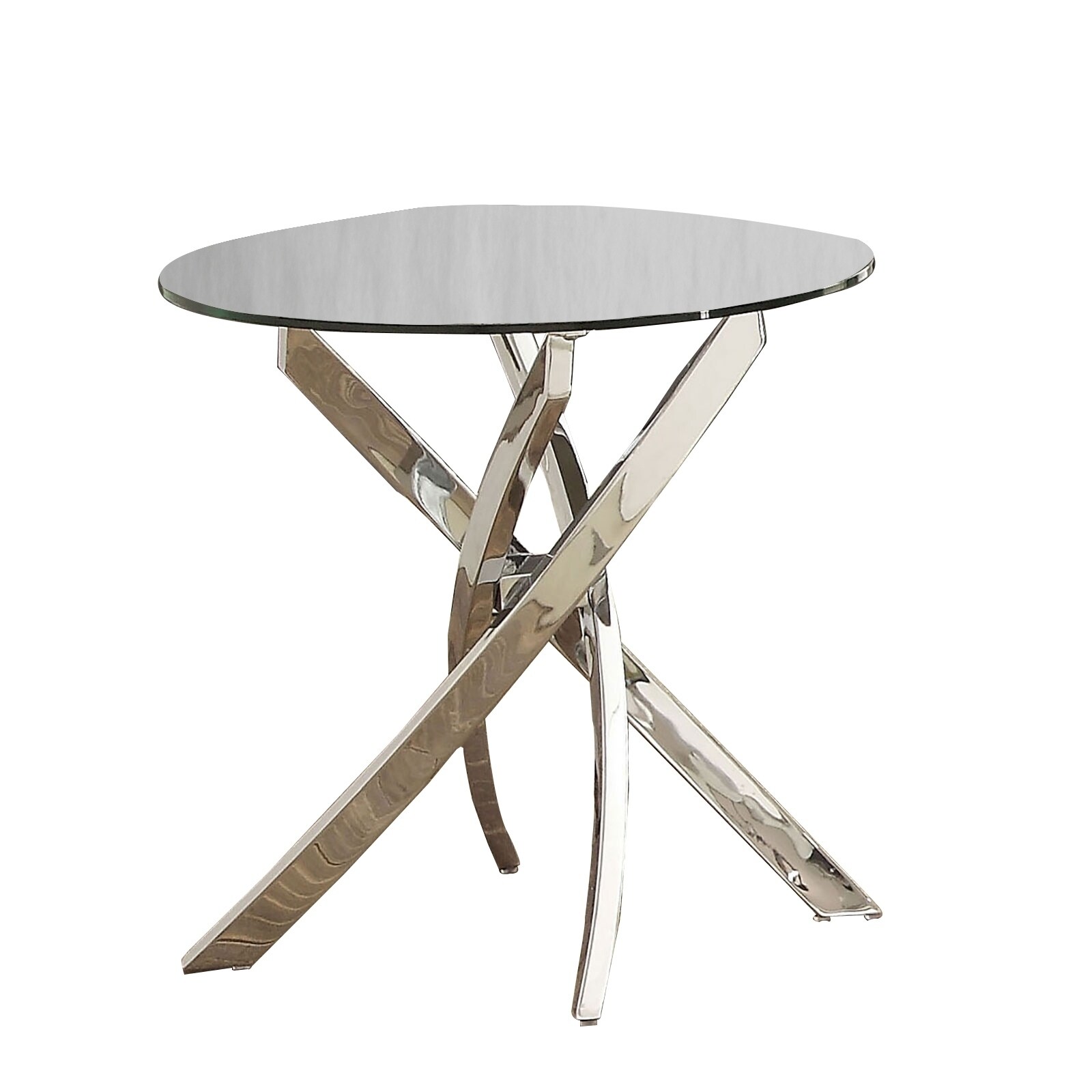 Round Glass Top End Table with Criss Cross Metal Base， Silver