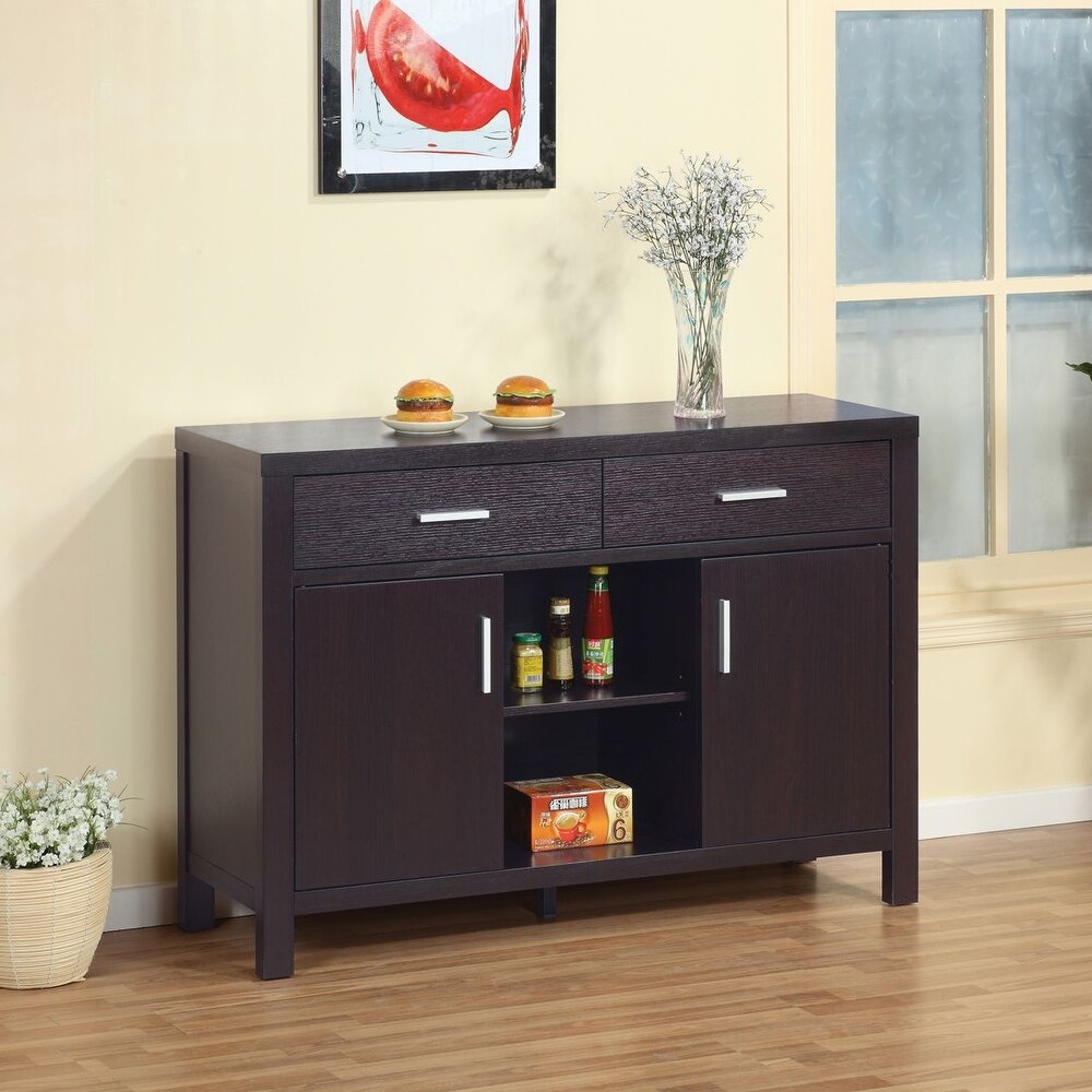 Q Max Contemporary Buffet Table with 2 Top Drawers  2 Side Cabinets  and 2 Center Shelves