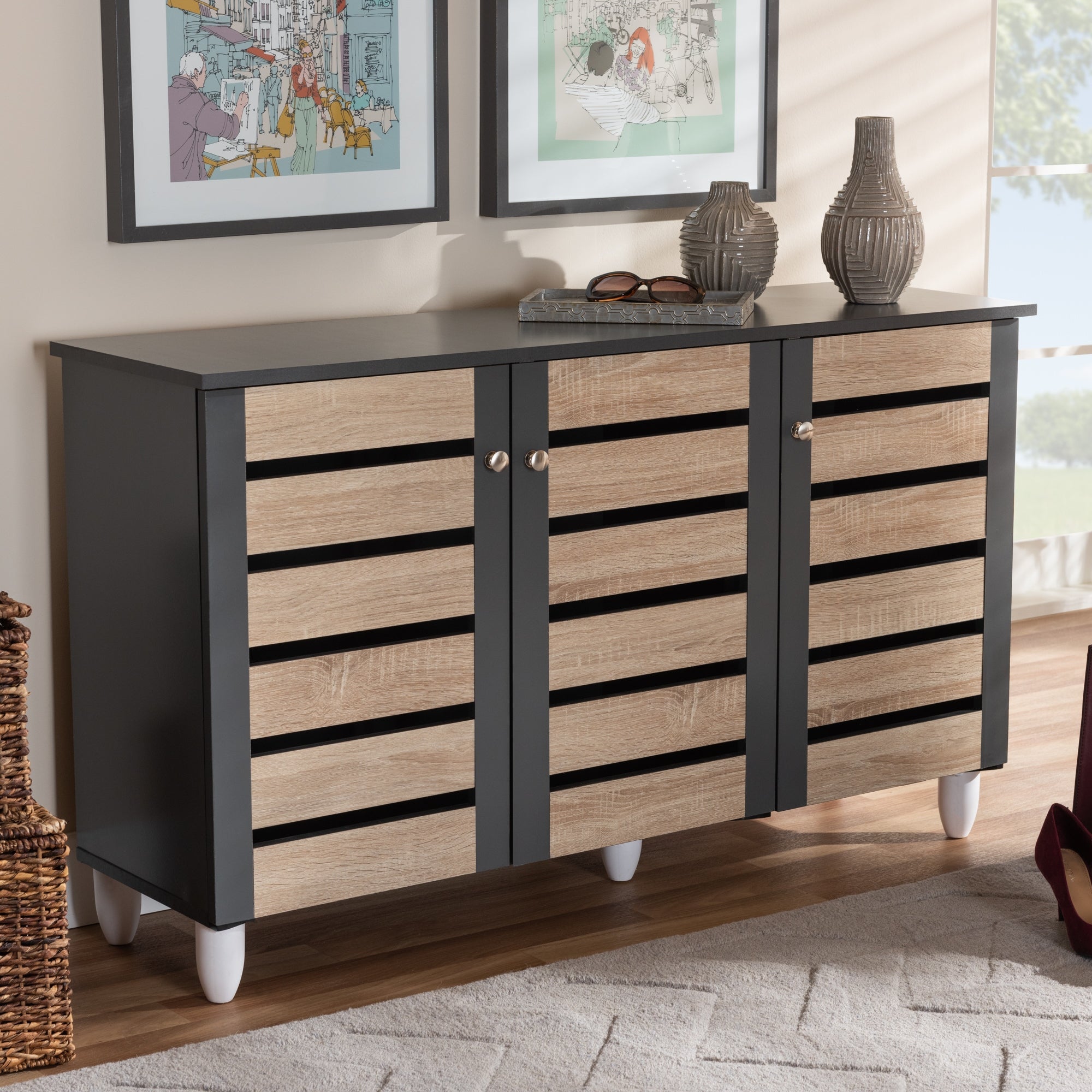 Contemporary 3-door Slatted Wood 14-pair Shoe Storage Cabinet - - 26396253