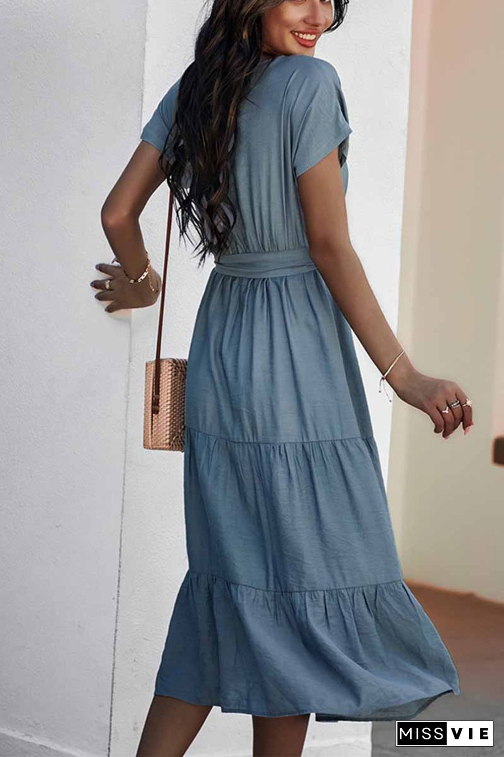 Pure Color Simple Restraint Waist Midi Dress