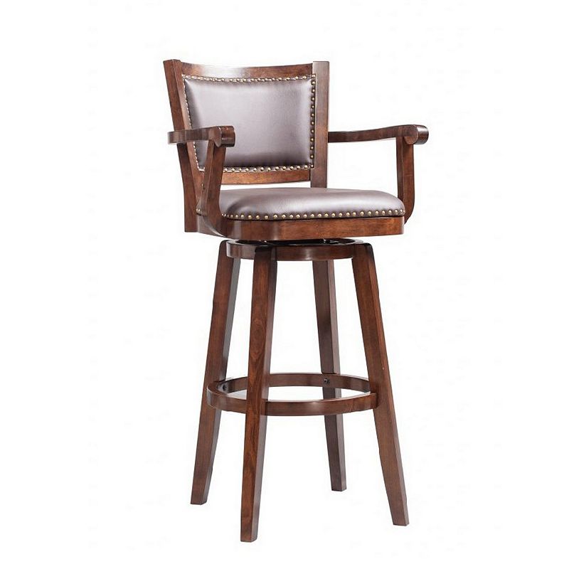 Nailhead Trim Faux Leather Upholstered Barstool with Wooden Arms， Dark Brown