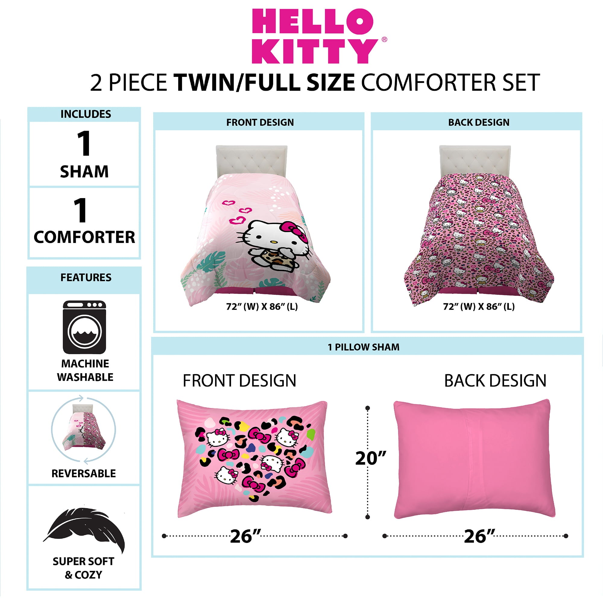 Hello Kitty Kids Comforter and Sham， 2-Piece Set， Twin/Full， Reversible， Pink， Sanrio