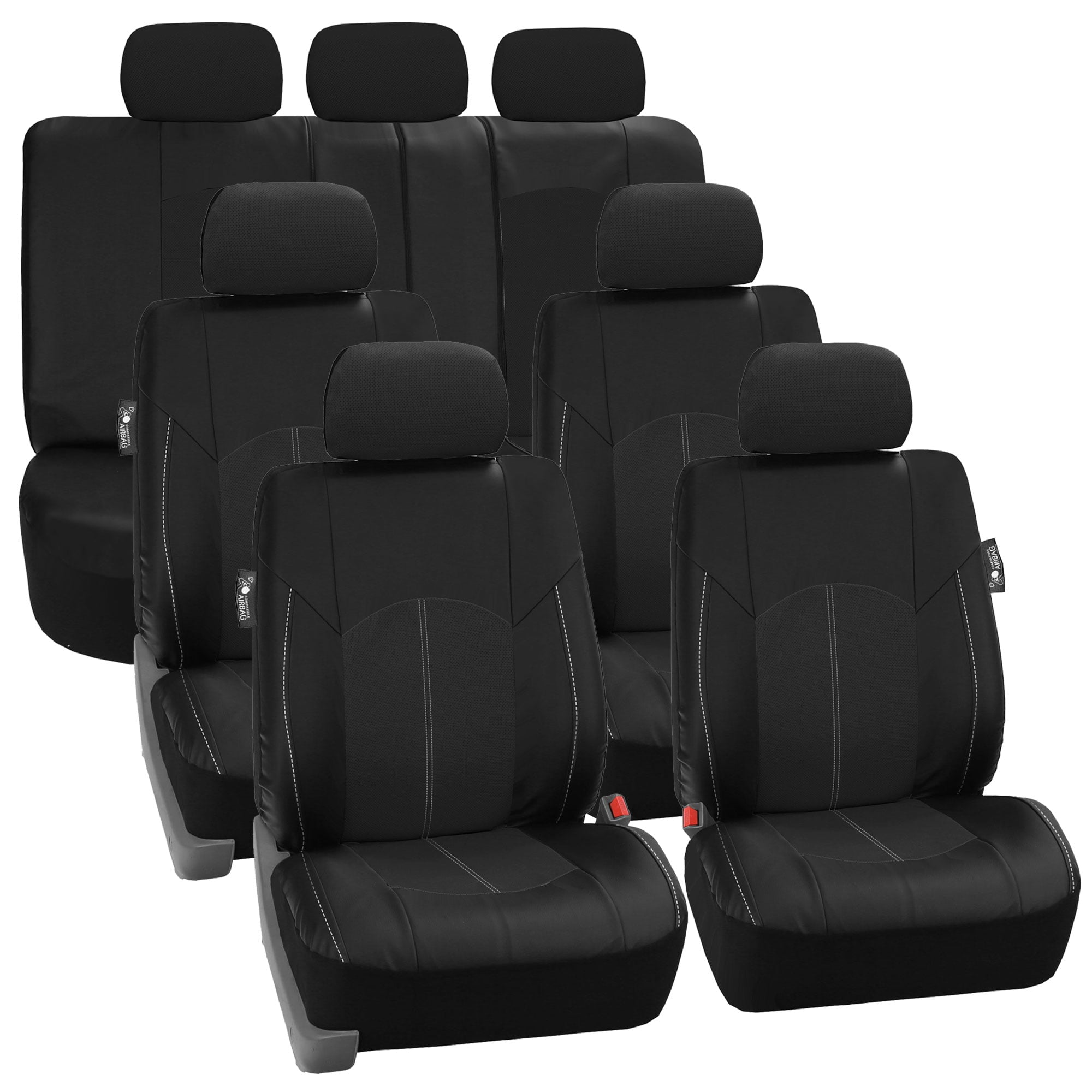 FH Group， Perforated Leather 3 Row Full Set Seat Covers for 7 Seaters SUV Van， 8 Colors