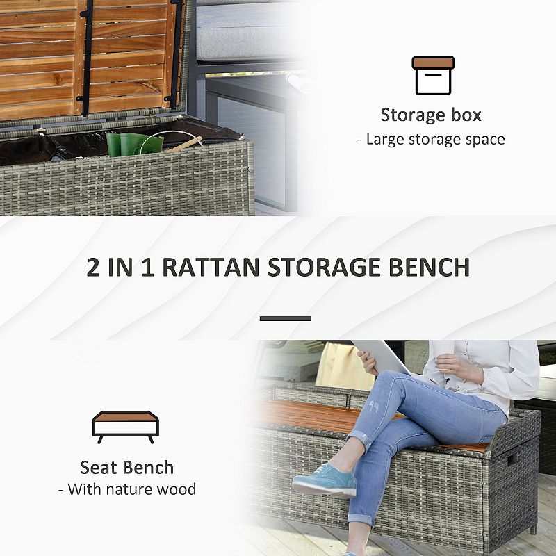 Outsunny Outdoor Storage Bench Wicker Deck Boxes with Wooden Seat， Gas Spring， Rattan Container Bin with Lip， Ideal for Storing Tools， Accessories and Toys， Mixed Grey