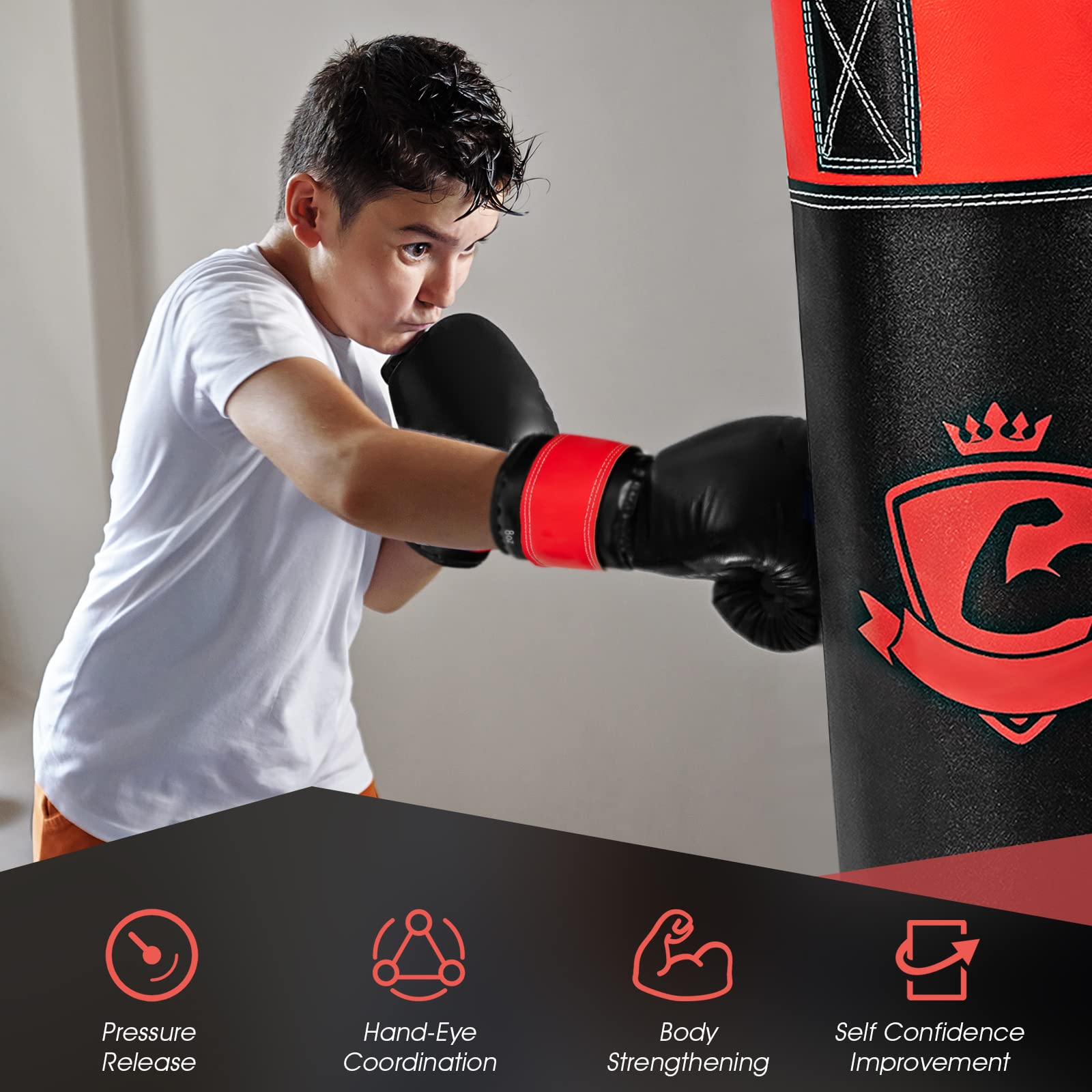 Costzon Kids Hanging Punching Bag Set, 6 PCS Filled 4-Tier PVC Boxing Set