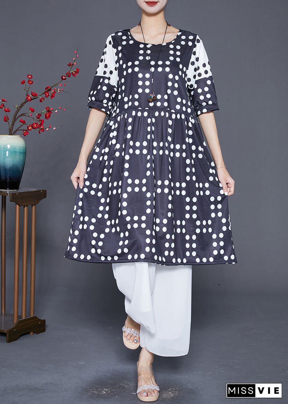 Plus Size Black Oversized Patchwork Dot Chiffon Dresses Summer