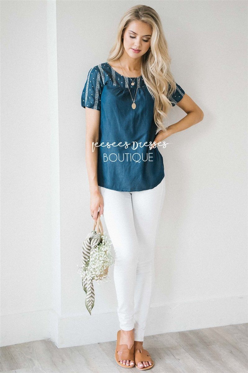 Embroidered Chambray Top