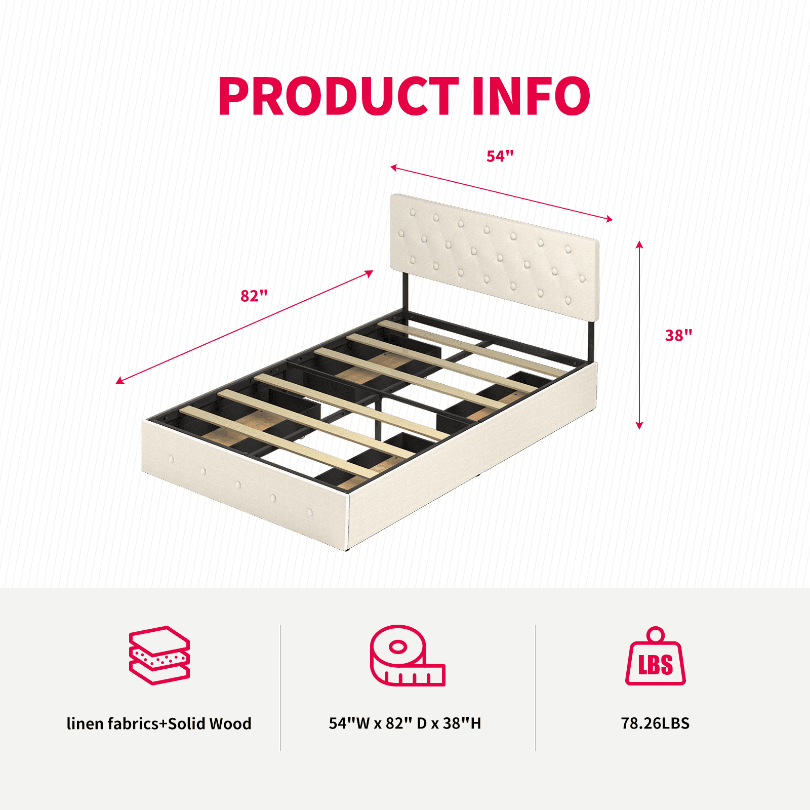 MUZZ Full Size Adult Platform Bed Frame with Adjustable Headboard (Full, Beige)