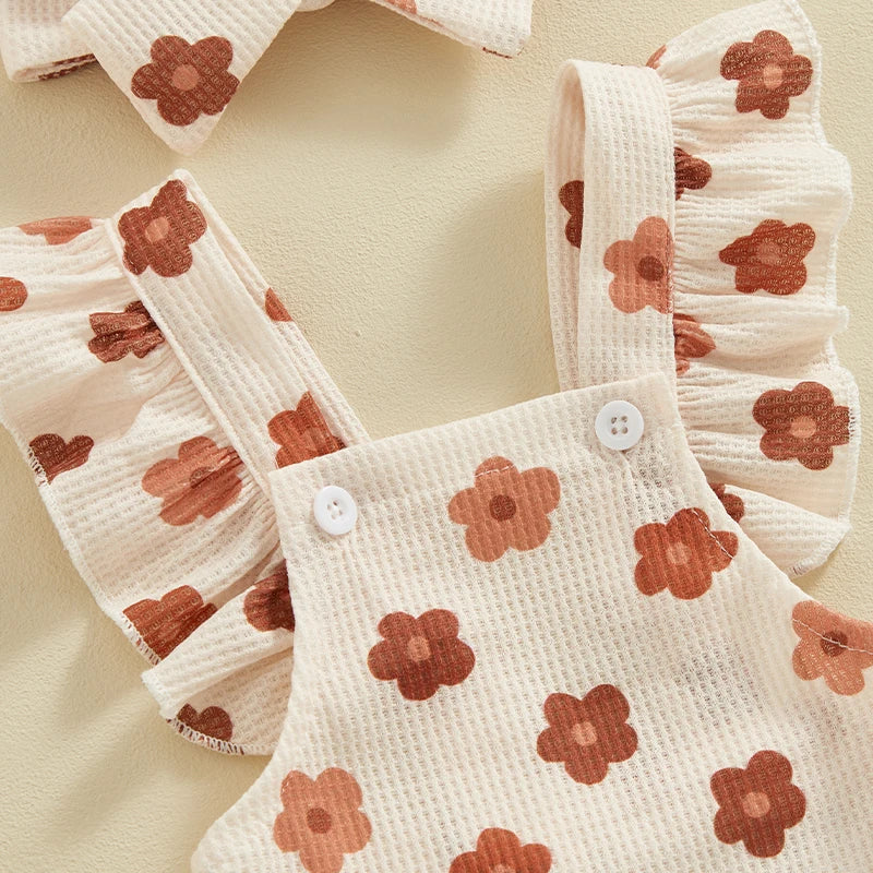 Baby Girls Romper and Headband Strawberry/Flower/Cherry Print Fly Sleeve Frills Newborn Infant Jumpsuit Summer Clothing