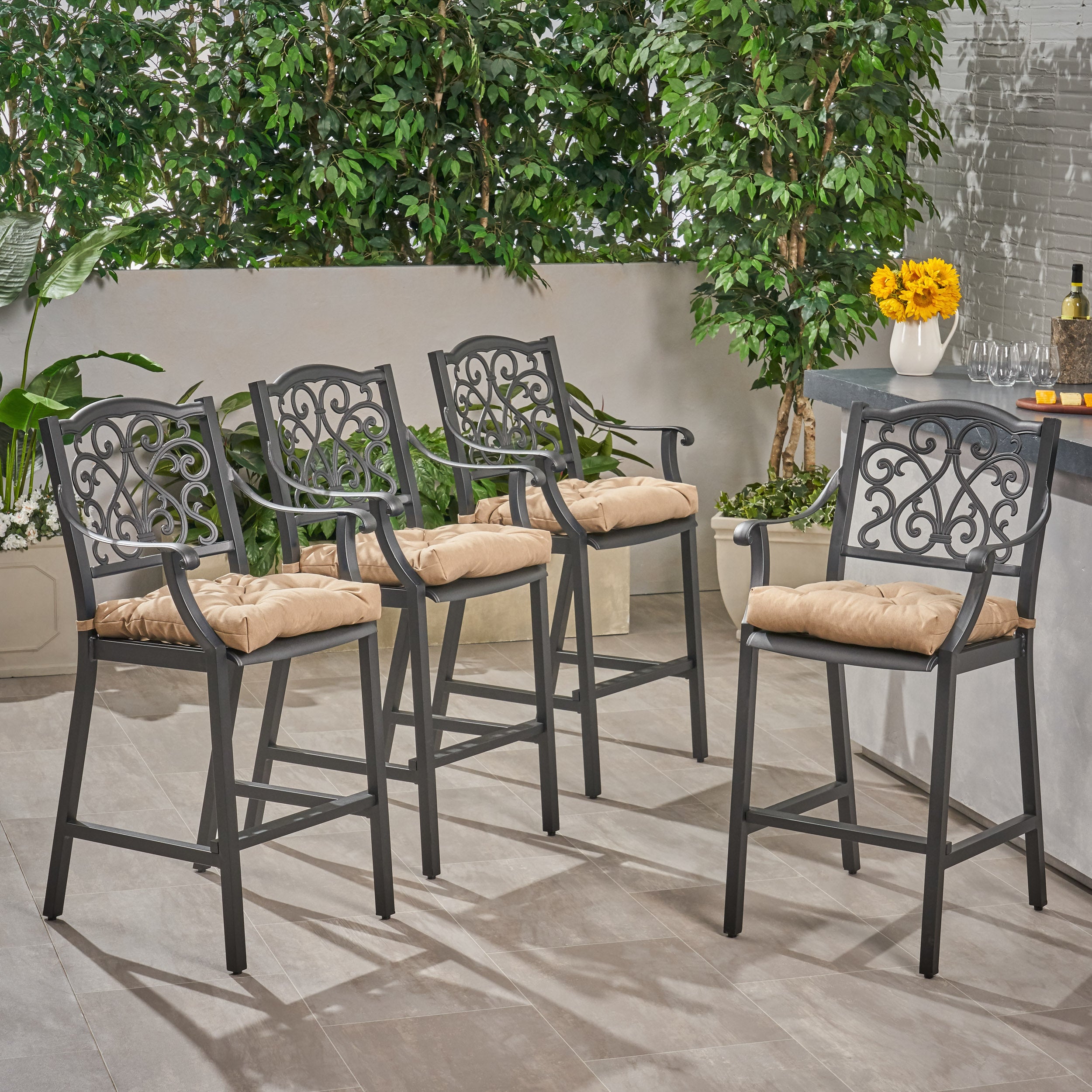 Prescott Outdoor Barstool with Cushion (Set of 4)