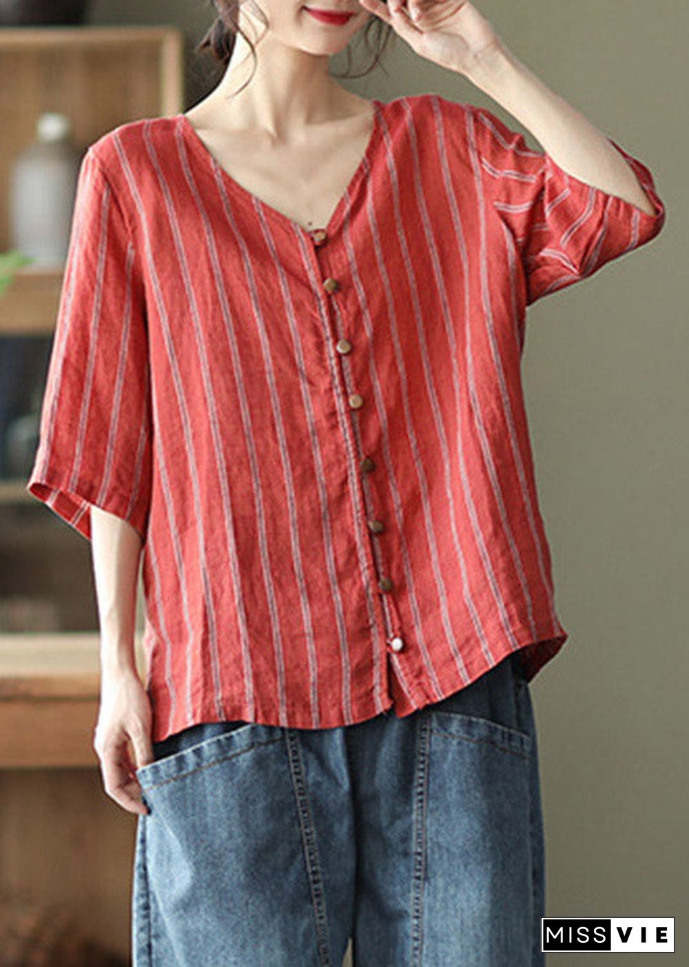 Red V Neck Striped Button Linen Shirts Half Sleeve