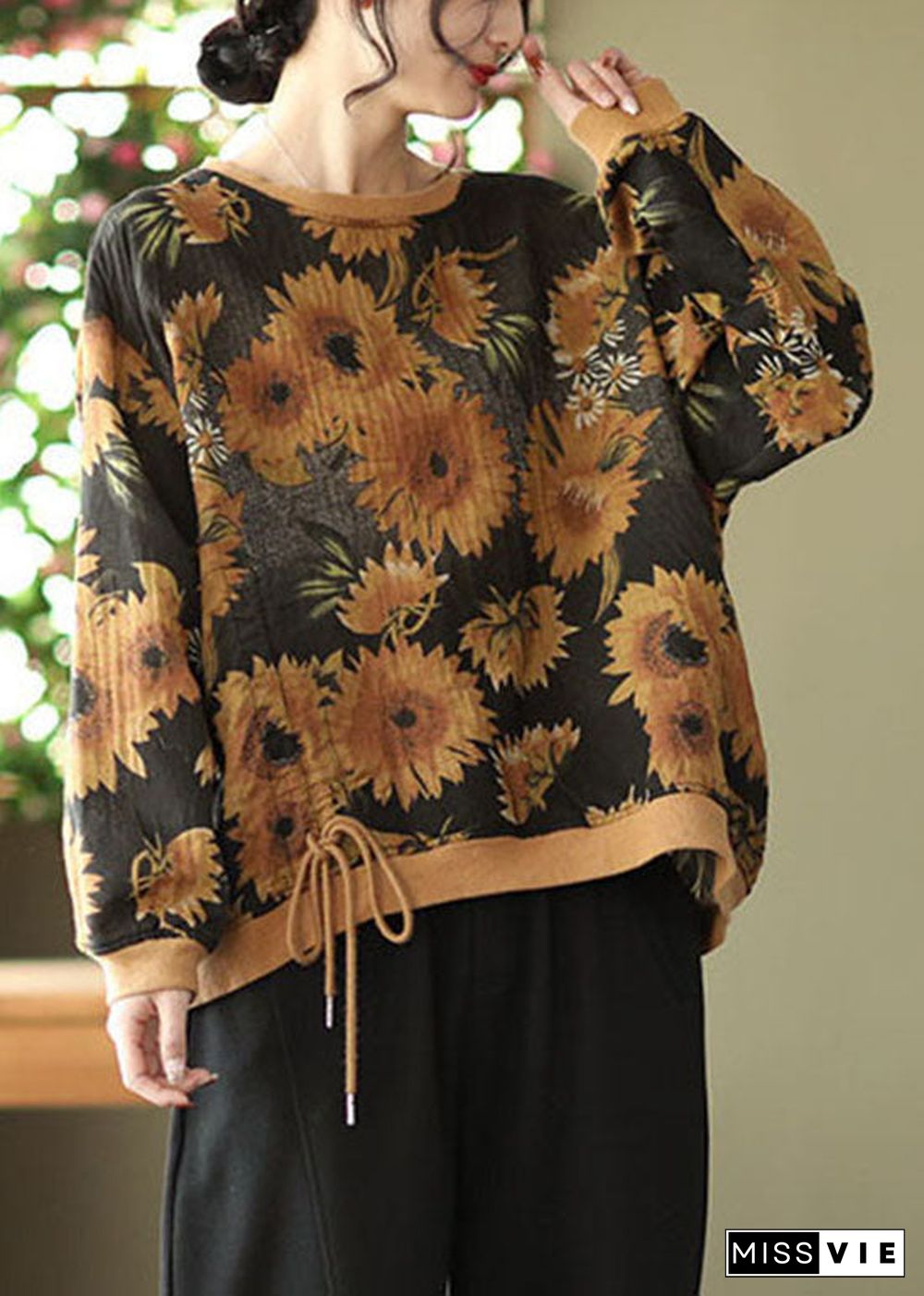 DIY Black O-Neck wrinkled drawstring Floral Print Pullover Sweatshirt Spring