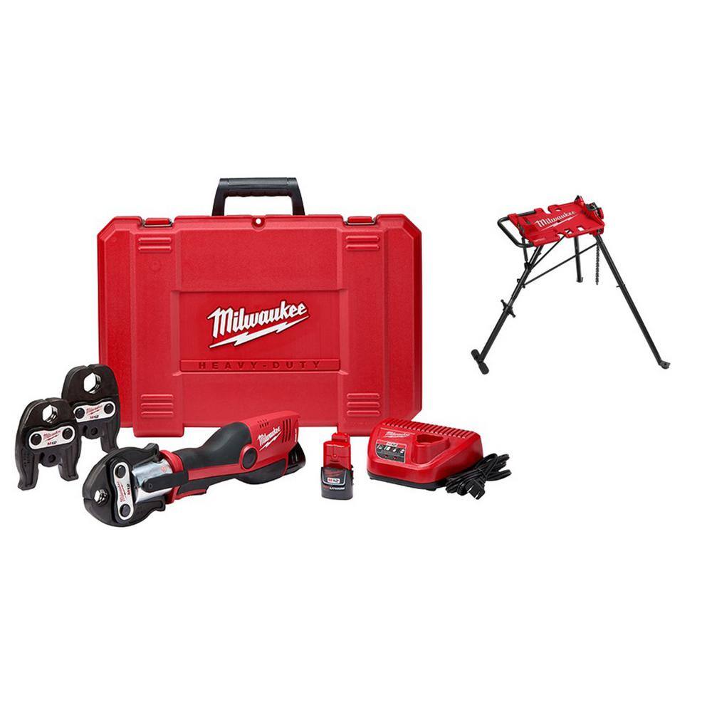 MW M12 12-Volt Lithium-Ion Force Logic Cordless Press Tool Kit with 6 in. Portable Tripod Chain Vise Stand (2-Piece) 2473-22-48-22-8690