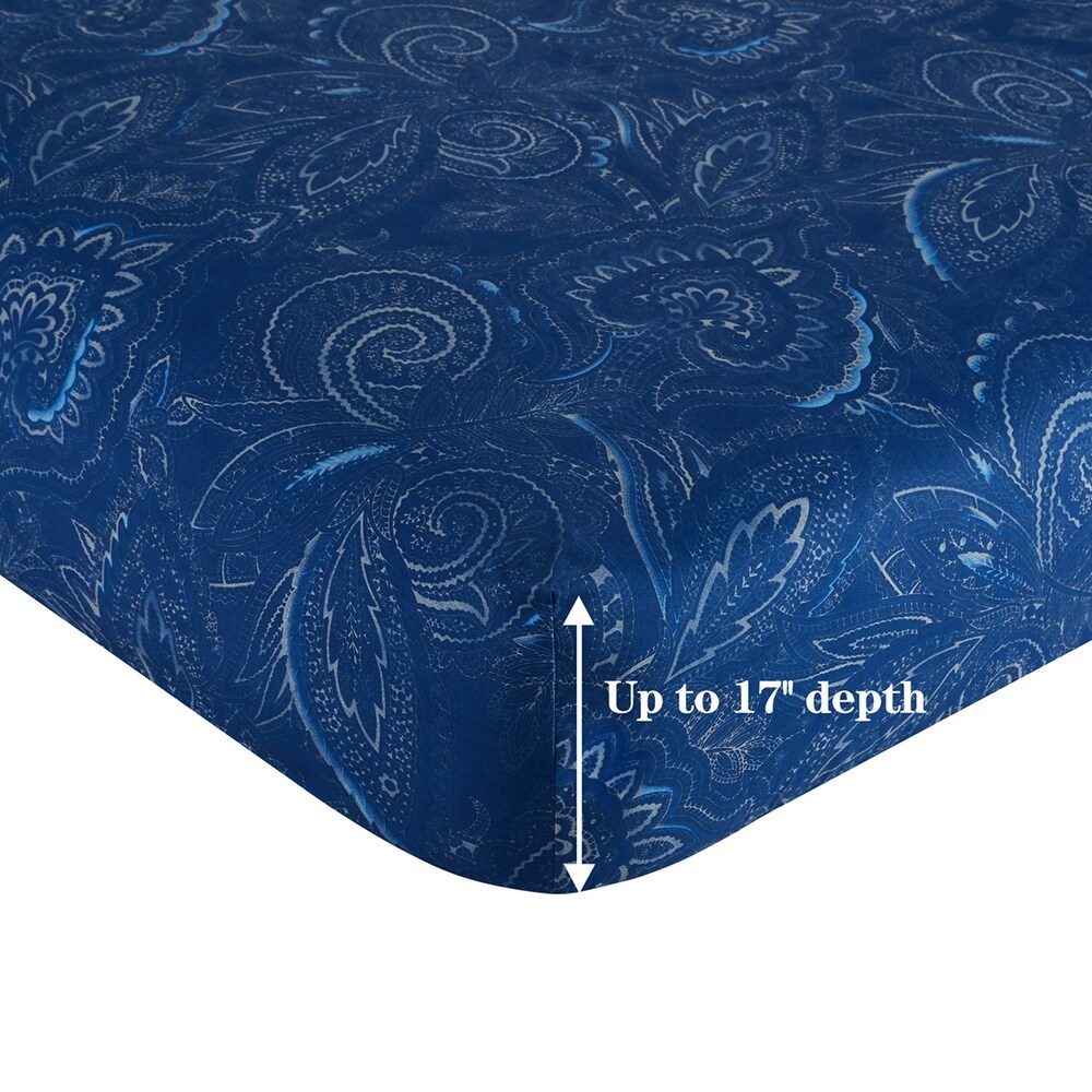 Marina Decoration Printed 600 Thread Count Soft Deep Pocket Cotton Blend Percale Bedding Sheet Set  Navy Blue Paisley