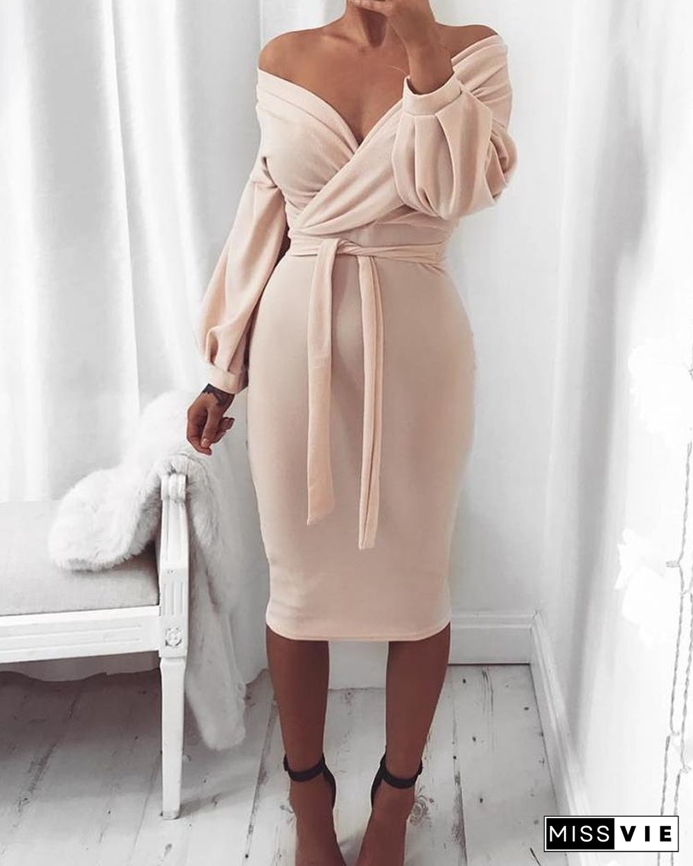 Off Shoulder Twisted Waist Tie Sexy Midi Dress P13670