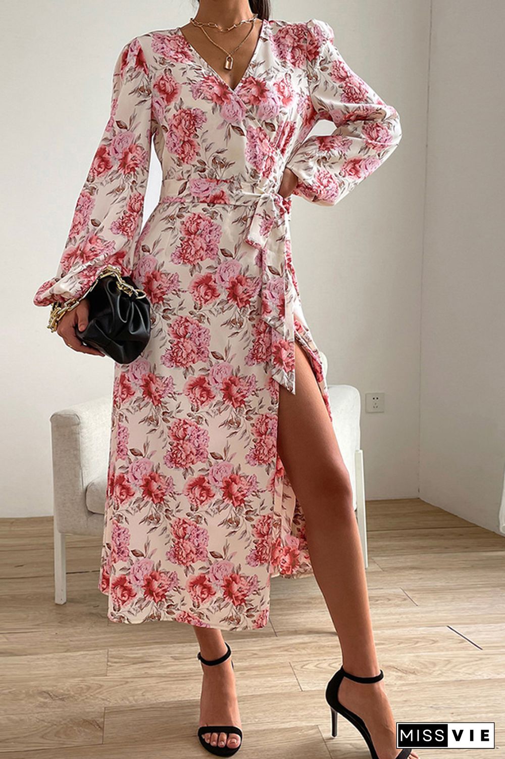 V Neck Puff Sleeve Waist Tie Knot Split Floral Dress