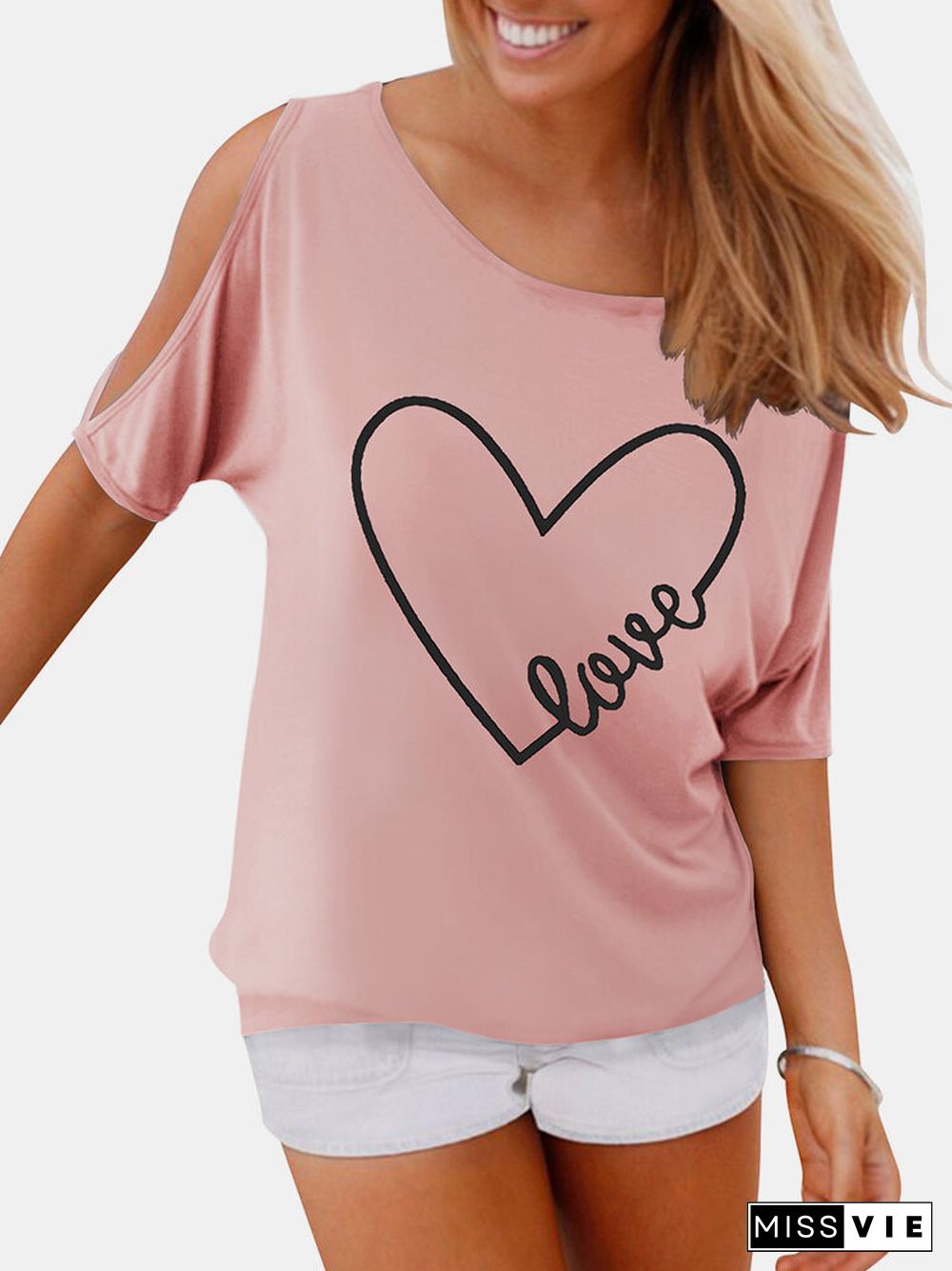 Letters Heart Printed O-neck Off Shoulder Blouse