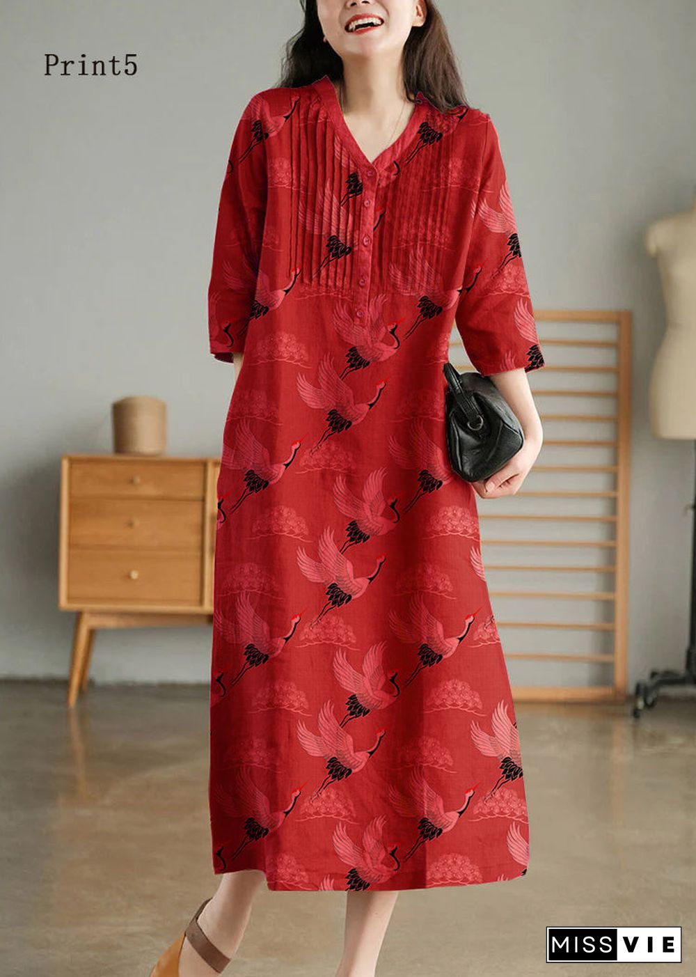 Print4 Loose Linen Long Dresses Button Solid Half Sleeve