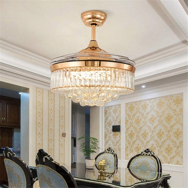 Crystal Ceiling Fan with Light Remote Control Chandelier Retractable Fandelier， Luxury 3 Color Lighting for Dining Room Shopping - The Best Deals on Ceiling Fans | 41540798