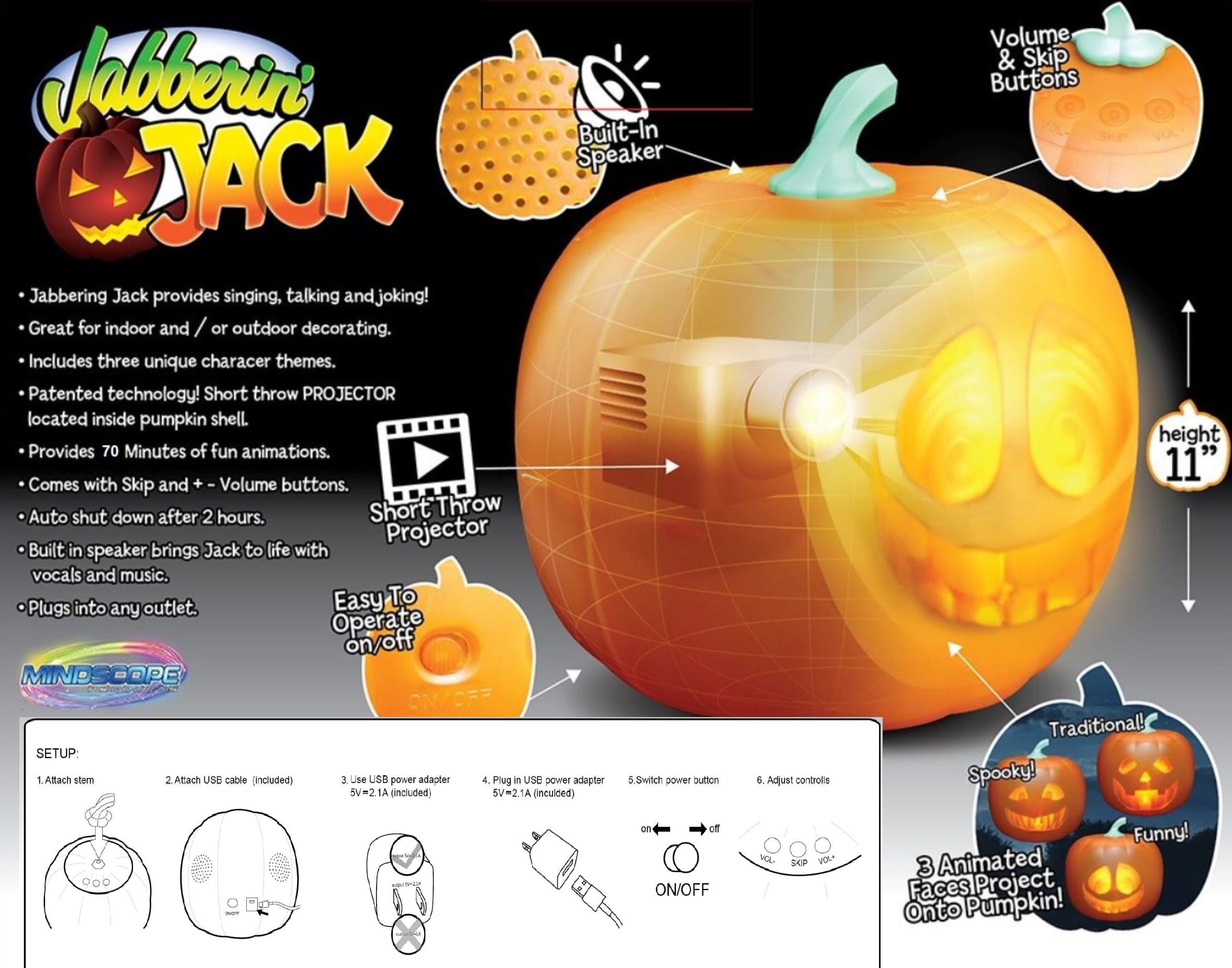 Mindscope Jabberin Jack Talking Animated Pumpkin with Built in Projector and Speaker Plug'n Play