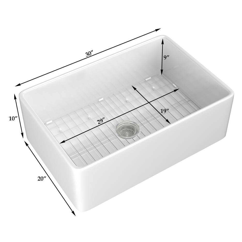 White Fireclay 30 in. Single Bowl Farmhouse Apron Kitchen Sink with Bottom Grid and Basket Strainer HKD-302010-W