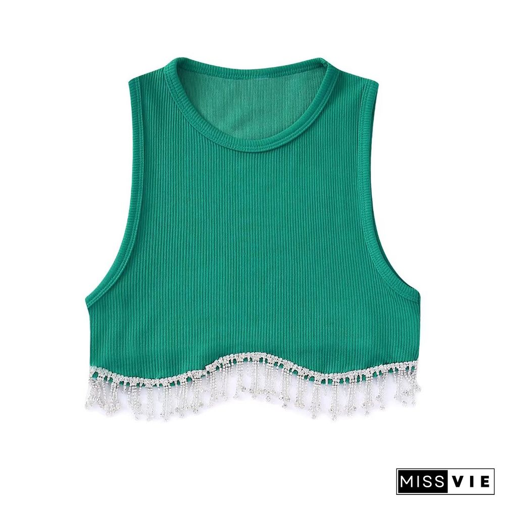 Women High Street Sexy Hem Tassel Diamond Beading Knitting T-Shirt Chic Short Camis Tank Lady Slim Crop Vest Tops Ls1311