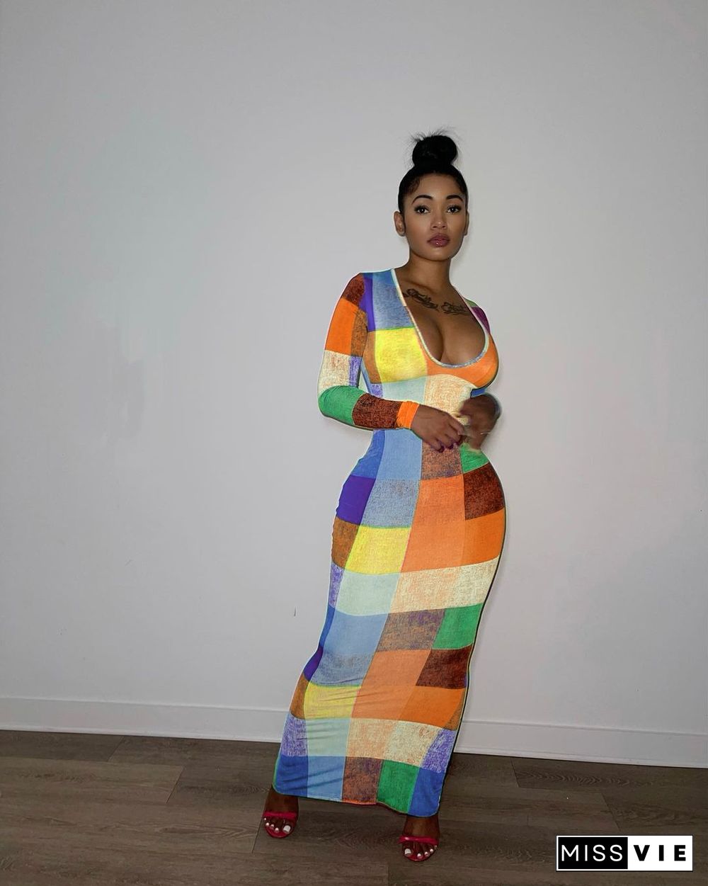 Colorful Plaid Printed Long Sleeve Bodycon Dresses