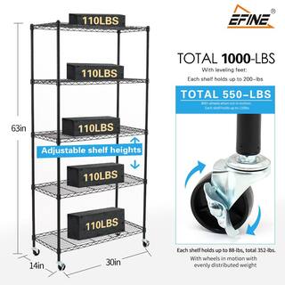 EFINE Black 5-Tier Rolling Carbon Steel Wire Garage Storage Shelving Unit with Casters (30 in. W x 63 in. H x 14 in. D) RL200-5W